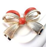 Vintage Bow Brooch Orange Panels Large Gold Tone Lapel Pin 70s Statement Jewelry