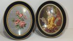 Pair Vintage Needlepoint Tapesty Art Pieces Convex Glass Ornate Frames Reading