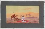 Antique ORIENTALIST Watercolor Painting Desert Camels Bedouin Prayer Rug c1920