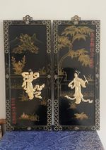 Lovely Pair of Vintage Chinese Black Laquer Geisha Wall picture hanging Panels