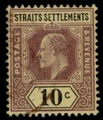 MALAYSIA - Straits Settlements EDVII SG115, 10c purple & black/yellow FINE USED.