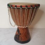 Djembe Red Gold Green Drum African 11.5" Wood Carved Painted String Rope Tribal