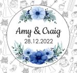 70 x  Personalised Wedding Blue Botanical floral Effect Favour Labels Stickers