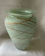 Will Shakspeare frosted glass vase in Sage with Orange ribbon strapping.