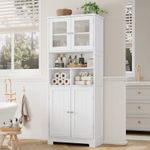 White Bathroom Floor Cabinet Solid Wood 4 Glass Doors Adjustable Shelves