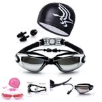 Anti-Fog Swimming Goggles with Nose Clip Ear Plugs Swim Cap for Adult Men Women