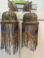 Set of 2 Vintage Ornate Brass Wall Sconces Accent Light Beaded Shade Bird/Dragon
