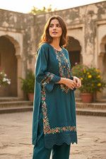 Women’s Teal Embroidered Kameez with Matching Trousers