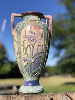 12” Beautiful Antique Meiji Period Green Japanese Vase w/ Morriage Flowers