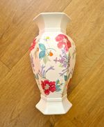 White Hexagonal Ceramic Vase with Multicoloured Floral Pattern