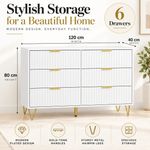 White Fluted 6 Drawer Chest of Drawers Gold Legs 120cm Bedroom Dresser MMT
