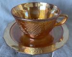 Vintage Federal Glass Normandie Lattice Bouquet Marigold Iridescent Cup Carnival