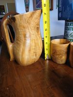 antique hand made burl wood pitcher and 6 cups