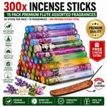 300x INCENSE STICKS 15 PACK PREMIUM FLUTE ASSORTED FRAGRANCES. WITH ASH CATCHER!
