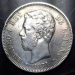 🇪🇸 1871 71 Spain 5 Pesetas Silver Coin Amadeo I KM#666 Large Crown Silver
