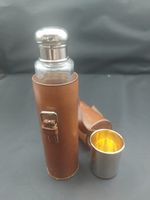 Vintage Glass Saddle Flask & Leather Case Metal Cup Set Equestrian Hunting 18.5c