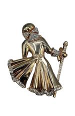 Vtg Figural Lady Brooch Large Designer Gold Plated Crystal Faux Pearl Fan Dress