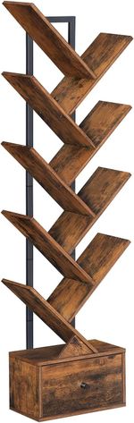 8-Tier Free-Standing Tree Bookshelf with Drawer – Rustic Etagere for Living Room