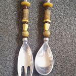 Vintage/Retro Salad Server Set 2pc Spoon & Fork, Wood Handles, Silver Tone