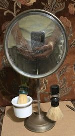 Vtg Shaving Stand Metal With Mirror Beveled Glass Mug and Brush