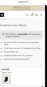Nespresso Creatista Uno Capsule Coffee Machine 19 Bar Black Steam Wand