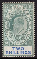 GIBRALTAR 1904-08 2s GREEN & BLUE, CHALKY, SG 62a, FINE MINT, CAT. £140