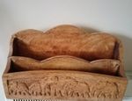 Mapel Wood Letter Rack / Desk Tidy Carved Elephants 30 cm