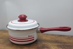 Vintage Swan Red Stripe Saucepan White Enamel 18cm With Lid Red Handle 