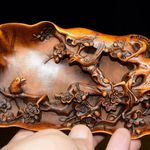 6.0-in Vintage Chinese Boxwood Carved Flower Bird Statue Writing-brush Washer