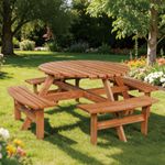 Garden Picnic Table Wooden Round Pub Bench Set 8 Seater W/ Parasol Hole Outdoor