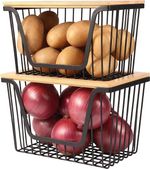 2 Set Stackable Wire Basket with Bamboo Tops Pantry Organizer and Storage Bins