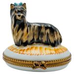 Peint Main Limoges France Yorkie Dog With Bow Trinket Box RARE