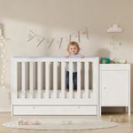 White Baby Cot Teething Rails Compact Crib Drawer Cot Bed Diaper Storage Cabinet