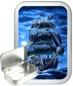 Blue Pirate Ship Silver Hinged Tobacco Tin, Sewing Tin, Gift Tin, 1oz & 2oz 