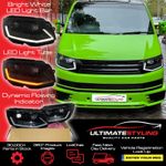 VW Transporter T6 LED DRL Headlights 2015-20 Dynamic Sequential Flashers Black