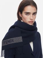 Genuine Fendi Ladies Wool Scarf Rectangular Blue/Grey with Logo Pattern & Fringe