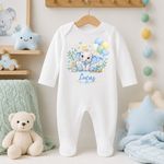 Personalised Baby Boy Sleepsuit & Grey Bunny Elephant Newborn Gift Set
