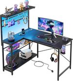 L-Shaped Gaming Desk with Power Outlets, LED Workstation with 4 Tiers Sh