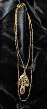 Vintage MCM Art Deco Revival Rhinestone Pendant Necklace Gold Tone
