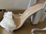 SHEIN Ivory Block Heel Wedding Sandals Open Toe Pearl Strap Ankle Tie UK 5.5