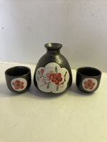 Sake Set Red Plum 3 Piece Hand Painted Porcelain Decanter 2 Cups JAPAN