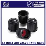 4X TYRE VALVE DUST CAPS WITH INTERNAL AIR DUST WATER SEALS BLACK PLASTIC