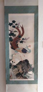 Japanese Hanging Scroll Art Painting "Phoenix" Antique Kakejiku
