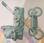 Doll Pushchair/Pram Folding Frame, Mint Green, Unicorn Print, 4 Wheels