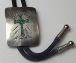 Vintage Bennett Sterling Silver & Turquoise Inlay Cross Bolo Tie on Black Rope 