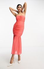 ASOS DESIGN Womens Mesh Ruched Bodycon Bandeau Flared Hem Midi Dress In Coral RR