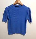 M&S Collection Women’s Blue Knit Jumper Crew Neck Ribbed Puff Short Sleeve 14