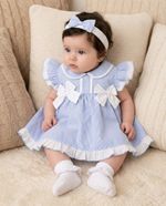 Baby Girl Dress Set Frilly Bows Striped Headband Blue