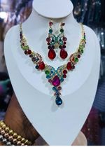 Multicolour Teardrop Crystal Necklace & Earrings Set Gold Plated Jewellery