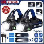 T6 Head Torch Headlamp Rechargeable 350000LM LED Zoom Headlight USB Line 2026 UK